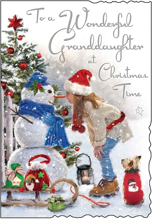Jonny Javelin Christmas Card for Granddaughter - Jolly Snowman Design - Embossed Foil & Flitter Finish - Festive Christmas Greeting Card to a Wonderful Granddaughter - For Her