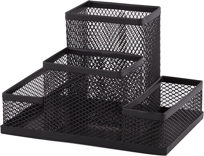 D.RECT Desk Organiser, Pen Holder, Metal Desk Organiser, Office Tray with Memo Holder, Mesh 103 x 154 x 103 mm, Black, (110446)