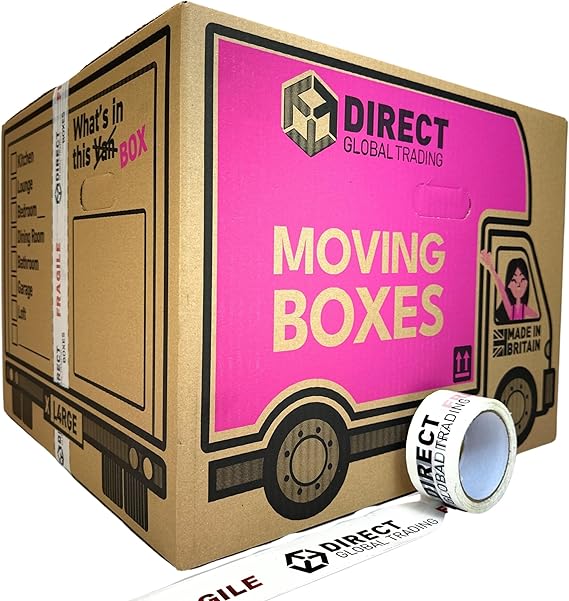 20 Strong Extra Large Cardboard Storage Packing Moving House Boxes with Carry Handles and Room List 66 Metres Fragile Tape 52cm x 52cm x 40cm