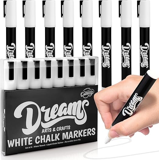 The Glowhouse White Liquid Chalk Markers, 8 Pack, Erasable, Non-Toxic, Water Based Chalkboard Markers with Reversible Tip for Kids & Adults, Perfect for Glass, Mirrors, and Signs