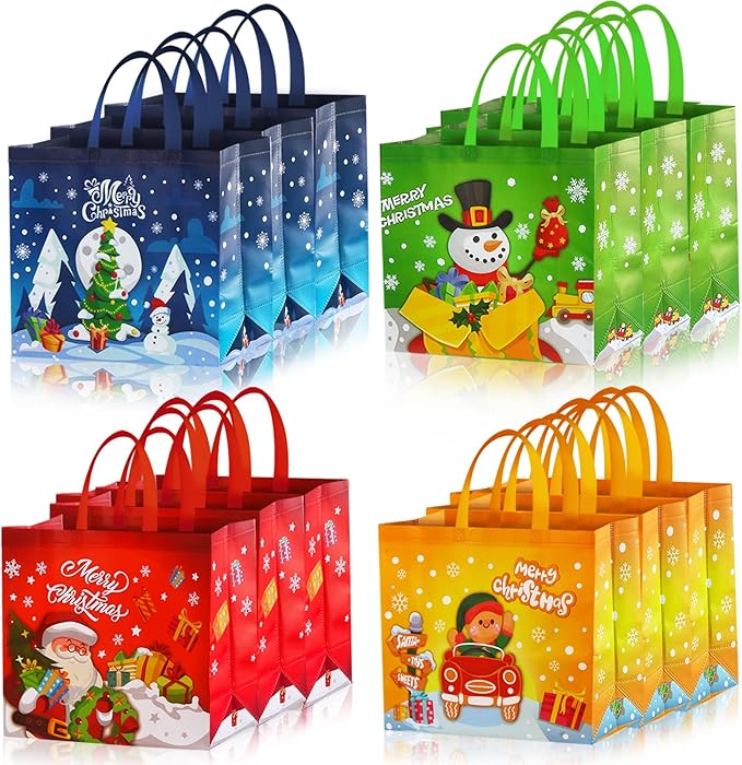 VEYLIN 12 Large Christmas Bags with Handles Reusable Non-woven Xmas Bag for Christmas Holiday Party Supplies, 15.7 x 5.9 x 14.1Inch