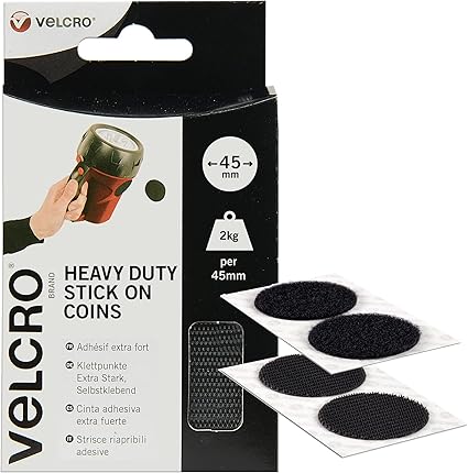 VELCRO Brand, Heavy Duty Stick on Coins, Industrial Strength Hook & Loop Self Adhesive Sticky Coins Perfect for Room Décor & Home, Office, Garage Use, Black, 45mm x 45mm, Set of 6