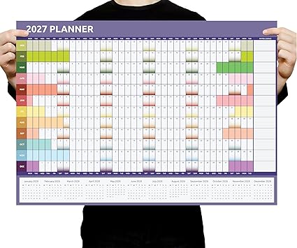 2027 Wall Planner A2 - Full Year to View 59cm x 42cm Family Yearly Wall Chart - UK Calendar for Home Office School Teacher (Rainbow)