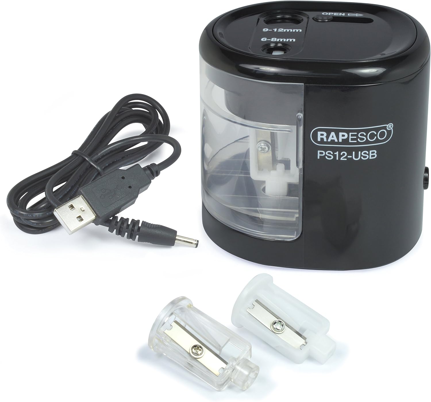 Rapesco 1449 PS12-USB Automatic/Electric Pencil Sharpener with USB or Battery (not Included) Charging, Black