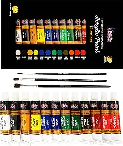 Acrylic Paint Set 12 Colours Canvas Paints Kit with 3 Paint Brushes for Crafts,Kids Paints, Paper, Rock Painting, Wood,Ceramic & Fabric Vibrant Colors (12 X 12 ML)