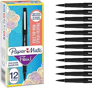 Paper Mate Flair Felt Tip Pens | Medium Point (0.7 mm) Writing Pens | Black Pens | For Writing, Drawing & Sketching | 12 Count