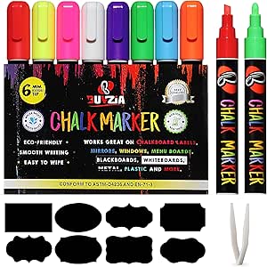 Liquid Chalk Pens for Blackboards, Windows & Glass, 6mm Reversible Tip Neon Color Chalk Markers for Non Porous Surfaces, Wipeable Chalkboard Pens (8 Pack)