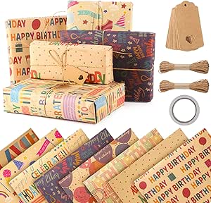 Gift Wrapping Paper, 8 Sheets Birthday Gift Wrap 70x50cm Kraft Wrapping Paper plus 8 Tags 2 Jute String 1 Double Sided Tape Gift Wrapping Set Birthday Wrapping Paper for Men Women Girls Boys