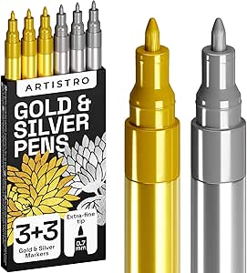 ARTISTRO 6 Gold & Silver Acrylic Paint Pens for Rock Painting, Stone, Ceramic, Glass, Wood, Tire, Fabric, Metal, Canvas - Set of 6 Paint Markers, Water-Based - Extra-Fine Tip