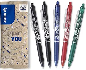 PILOT - FriXion Ball Clicker Erasable Pen - 0.7mm Tip Rollerball - 5 x Assorted Colour Pens - Black, Blue, Red, Green