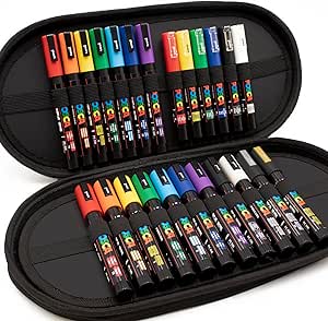 Posca Water Based Permanent Marker Paint Pen - PC-1M / PC-3M / PC-5M Nibs - Multi Surface Use - Display Gift Case of 24 Pens (Essential Set)