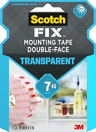 Scotch-Fix Double Sided Tape, Transparent Mounting Tape, 19 mm x 5 m, For Indoor Use - No tools needed - Holds up to 7 kg