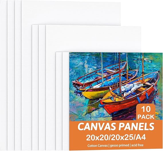 Canvas for Painting, Set of 10 Canvas Panels - 20x20cm, 20x25cm, A4(21x29.7cm), Cotton Acid-Free Blank Painting Canvases for Art, Acrylic, Oil, Watercolor Paint
