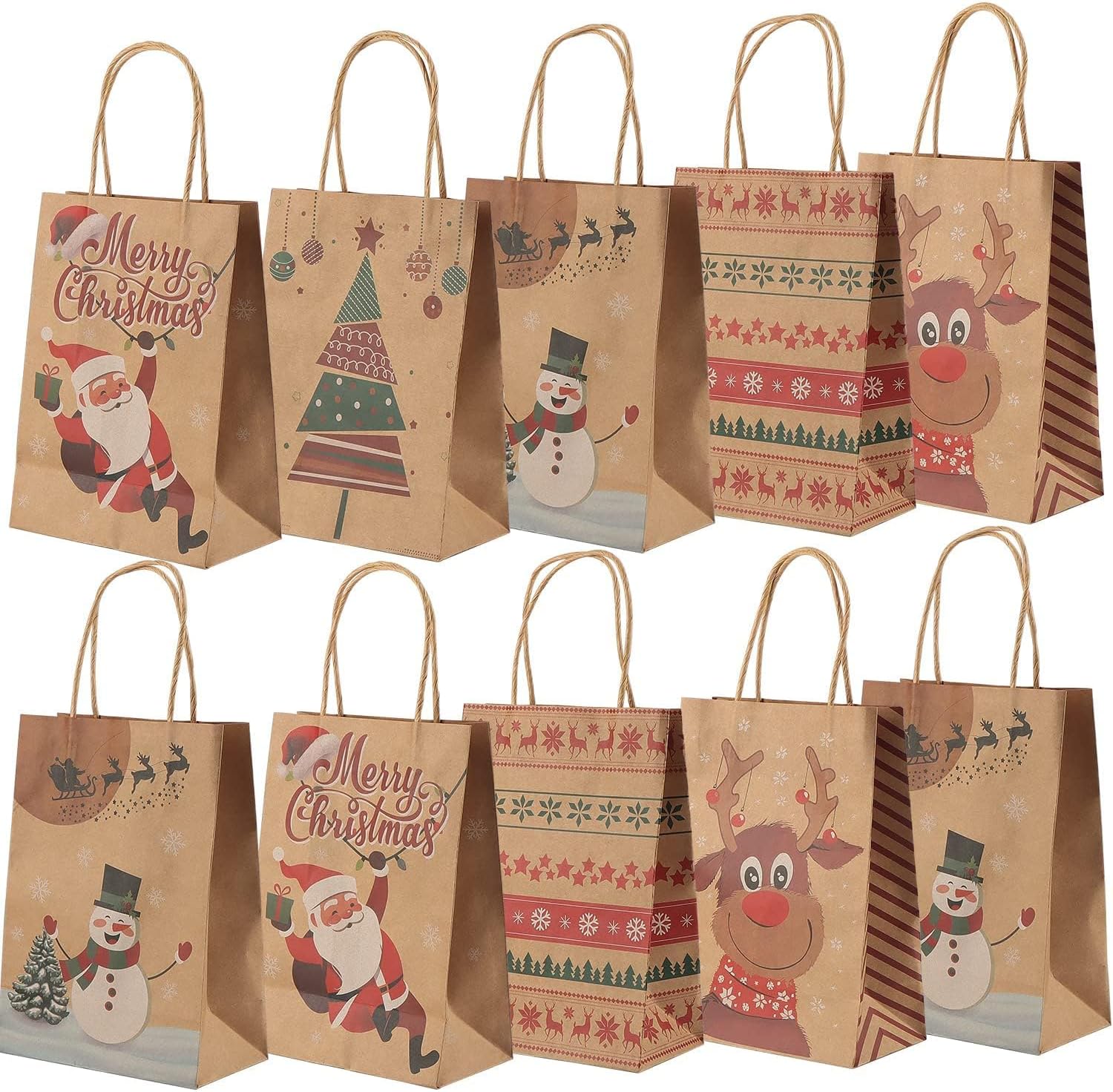 OWill 10 Pcs Christmas G-ift Bags, 5 Style Xmas Gift Bags with Handles,Christmas Small Gift Bags,Xmas Bags for Presents, Party Decorations-150×80×210mm
