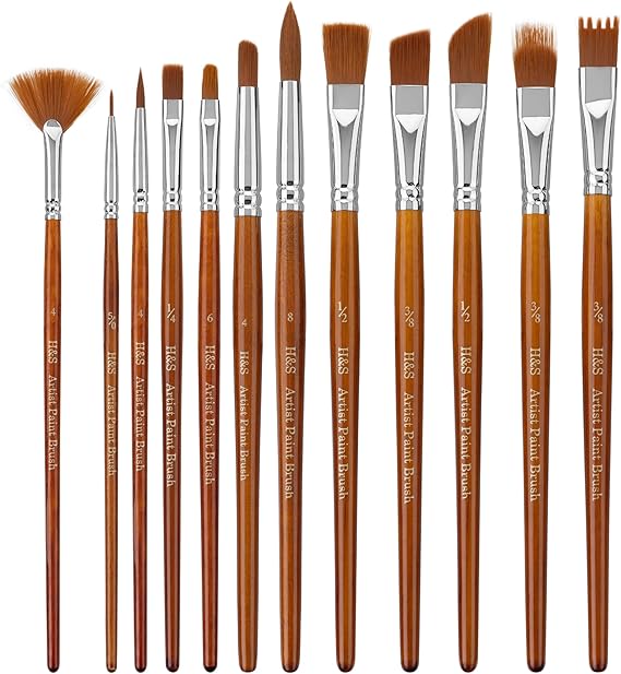 H&S Art Paint Brush Set – for Acrylic, Oil & Watercolour – Professional Flat & Round – Pack of 12 for Artists - Paint Brushes