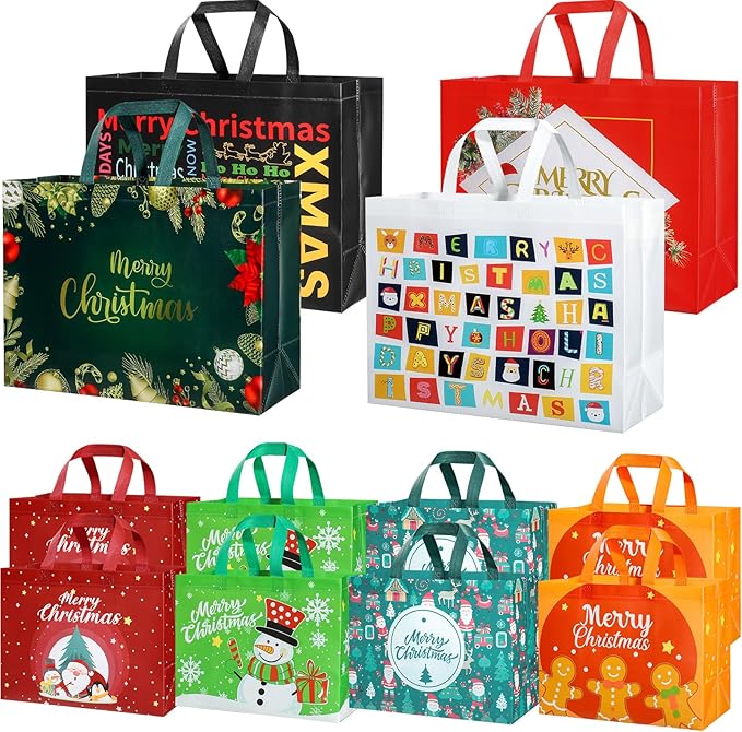 Large Christmas Bags for Presents 12PCS Xmas Gift Bags 4 Extra Large 17",8 Large 13" Gift Bags Multipack Christmas Party Bags Reusable Christmas Bag Non-woven Christmas Treat Wrapping Bags
