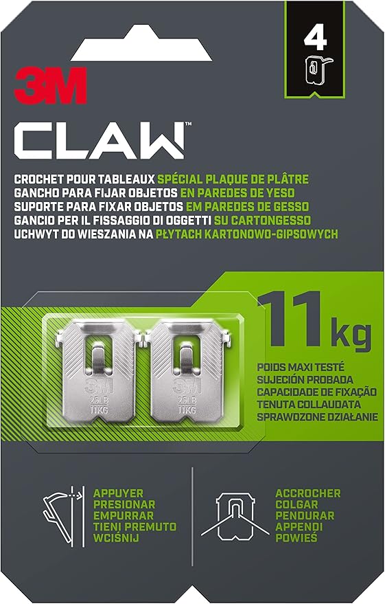 3M CLAW Picture Hooks for Hanging Paintings on Plaster Walls, 4 Hooks - Maximum Weight Tested up to 11 kg - Ideal for Attaching Heavy Objects, Mirrors, Home Decor, No Tools