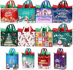 12 Pack Christmas Bags with Tissue Paper, Reusable Tote Bags with Handles Includes 8 Large 13",4 Medium 10" Christmas Treat Shopping Bags, Xmas Party Favor Bags Decorations