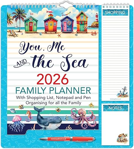 2026 Family Organiser Calendar Wall Planner With Memo Pad, Pen & Shopping List - You Me And The Sea - Monthly Five Columns