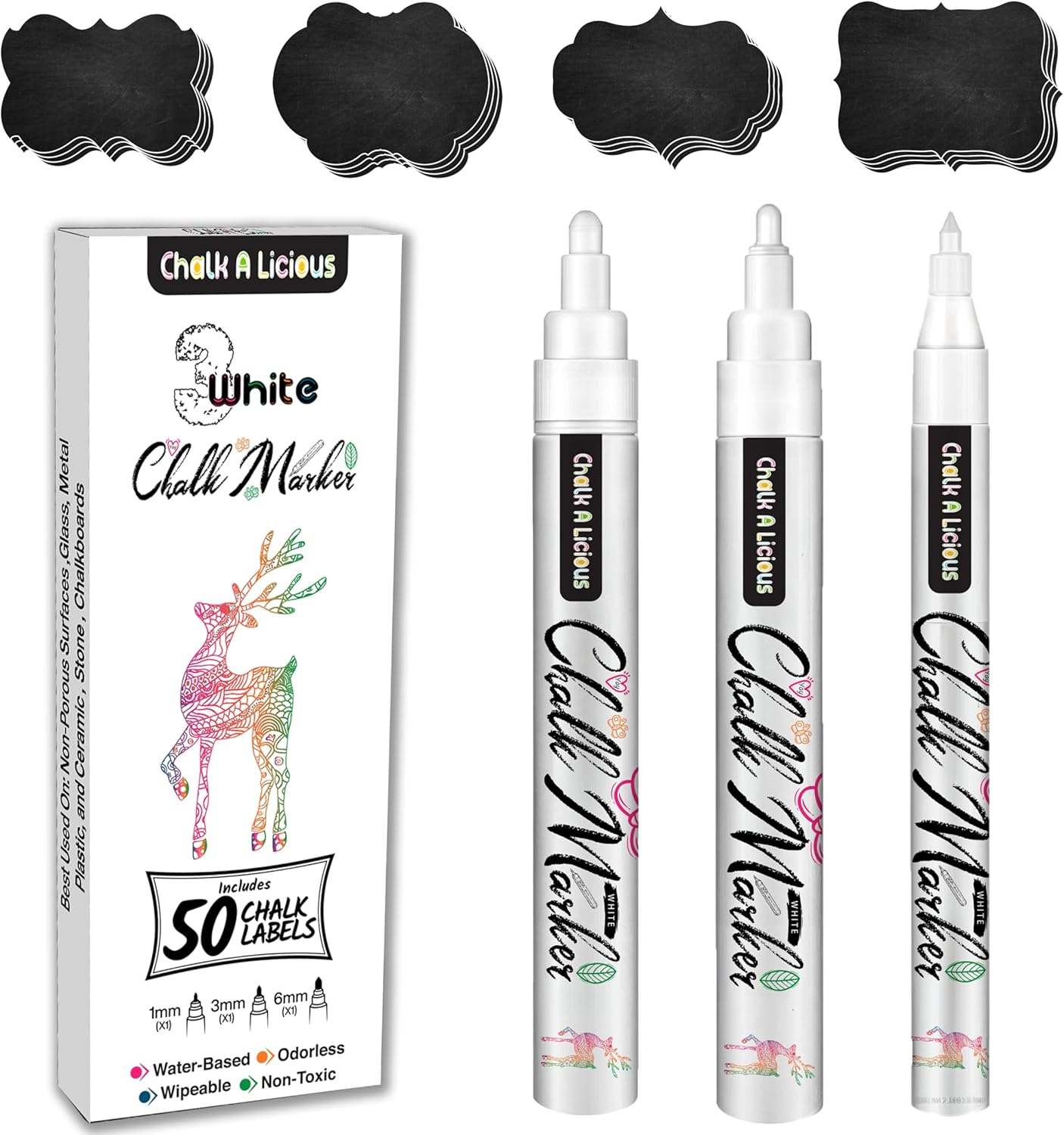 3x White Chalk Pens for Blackboards with 50 Black Labels - Liquid Chalk Markers - 1x(1mm,3mm,6mm) - Reversible Tips Bullet & Chisel