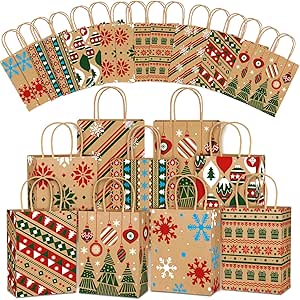 DTYDECLE 24pcs Christmas Kraft Paper Bags, 8 Style Xmas Tree Snowflake Goody Candy Treat Paper Bags with Handle for Christmas Party Favor Decoration