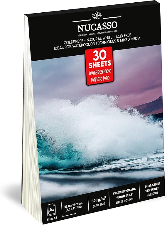 Watercolour Paper Pad A4 x 30 Sheets – Natural White 300 GSM Student Grade, Cold-Pressed, Glue Bound Water Colour Sketchbook for Wet, Dry & Mixed Media