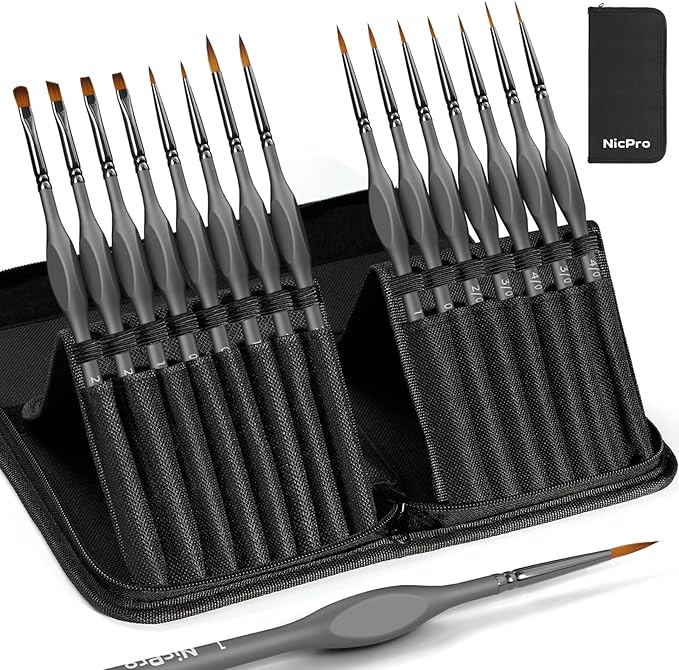Nicpro 15 Pack Miniature Painting Set, Fine Detail Paint Brushes for Models, Acrylic Watercolour Oil, Ceramic, Shoe, Art Figure Paint by Number - Thin Artist Kit Nylon Holder