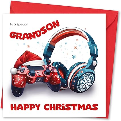 Christmas Card for Grandson. Gamer Design. Verse Inside. 150x150mm Card Size. Ecofriendly and Made in U.K.
