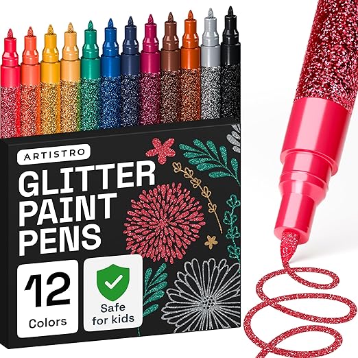 ARTISTRO Glitter Paint Pens for Rock Painting, Stone, Ceramic, Glass, Wood, Fabric, Scrapbooking, DIY Craft Making, Art Supplies, Card Making, Coloring, 12 Acrylic Glitter Markers Extra-Fine Tip 0.7mm