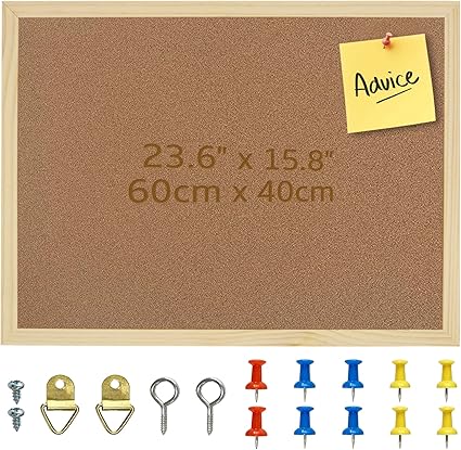 OWLKELA 60x40cm Thicken Cork Notice Pin Memo Board with 10 Pushpins and Hanging Rings Vision Bulletin Board for Office, Classroom or Home Classic Wooden Frame