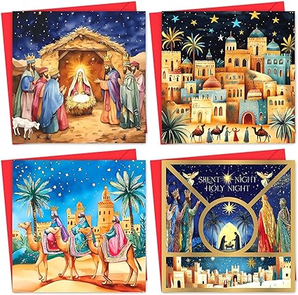 Pack of 16 Charity Christmas Cards 2024 with Envelopes - Religious Luxury Christmas Cards Multipack, Xmas Cards Featuring 4 Unique Nativity Scenes (125 x 125 mm) - Greeting cards for Family & Friends