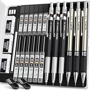Nicpro 6PCS Mechanical Pencils Set, 3 PCS 2mm Lead Holder (2B HB 2H), Clutch Propelling Drafting Pencil 0.5 mm & 0.7 mm & 0.9 mm for Writing,Sketching Drawing with 12 Tube Lead Refills Case Visit the Nicpro Store
