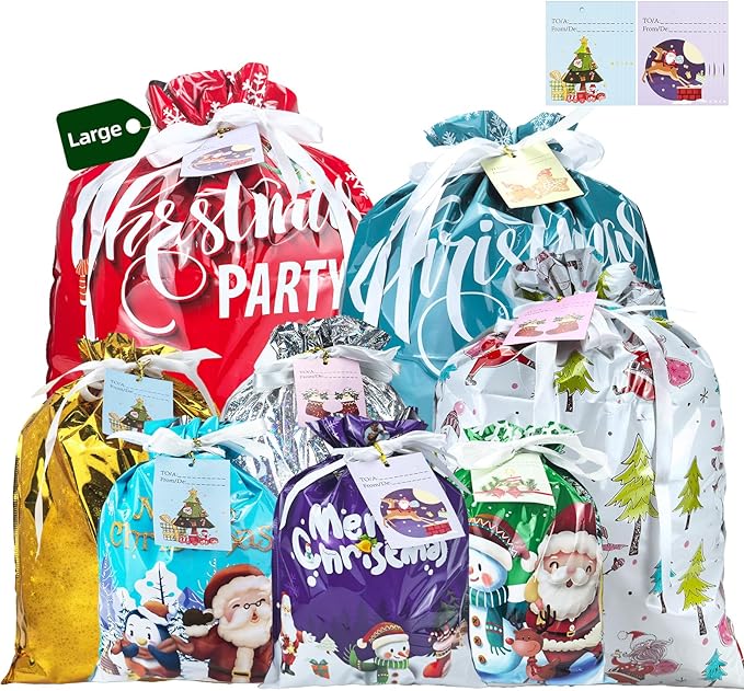 CNMTCCO Christmas Wrapping Gift Bags Large, 20Pcs Christmas String Bags with 30Pcs Tags, Large Medium Small Gift Bags, Xmas Bags for Presents for Christmas Birthday Holiday Party (Classic Style)
