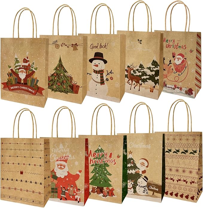 Christmas Kraft Gift Bags, 10Pcs Gift-Bags for Presents Style Xmas gift bag with Handles for Christmas Party Wrapping Xmas Gift Packing Festival Party Supplies