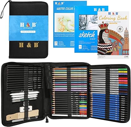 H & B 75Pcs Drawing Set Colouring Pencils Sketch Set,Drawing Pencils with Watercolor Pencil,Metallic Pencil, Sketchbook,Art Supplies for Adults Artists Beginners