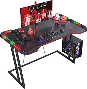 CubiCubi Gaming Desk with LED, 120 cm Gamer Workstation, Home Computer with Carbon Fiber Surface, Black