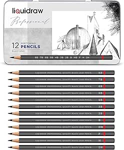 Liquidraw Graphite Drawing Pencils - 12 Set | Professional Quality Graded Artists Pencils | 4 Hard Grades & 8 Soft Grades | Beautiful Storage Tin | Ideal for Art & Sketching | Fits Standard Sharpeners