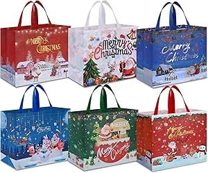 AhfuLife Extra Large Christmas Bags for Gift, 6pcs Xmas Gift Tote Bags with Handles, Reusable Multipack Non-woven Christmas Treat Shopping Bag, Xmas Party Favor Bag Decorations, 40 x 36 x 15cm