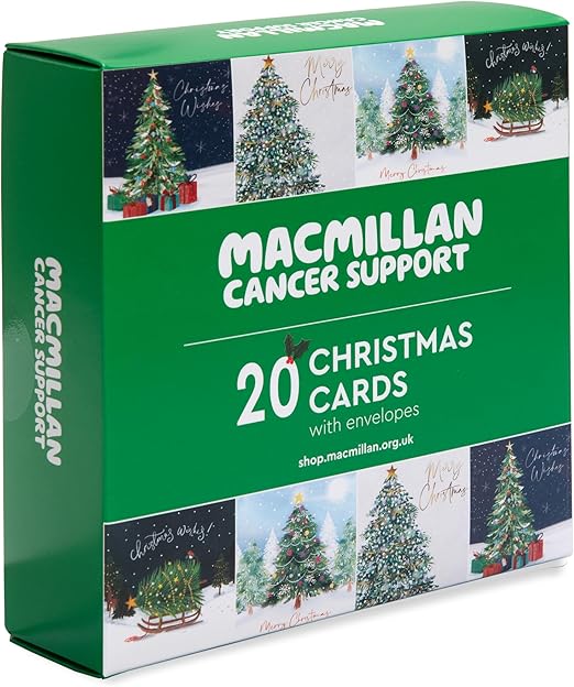 Macmillan Christmas Tree Charity Christmas Cards – Pack of 20 Luxury and Eco-Friendly Christmas Cards. Boxed Multipack of 4 Seasonal Christmas Designs. 127x127mm Card Size.