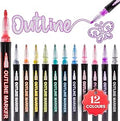 12 x Metallic Outline Marker Pens, Coloured Glitter Pens with Double Line Feature, Ideal Gifts for Girls, Art Supplies, Scrapbook & Stocking Filler for Kids, 12 Multicolour Pens