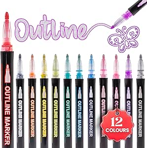 12 x Metallic Outline Marker Pens, Coloured Glitter Pens with Double Line Feature, Ideal Gifts for Girls, Art Supplies, Scrapbook & Stocking Filler for Kids, 12 Multicolour Pens