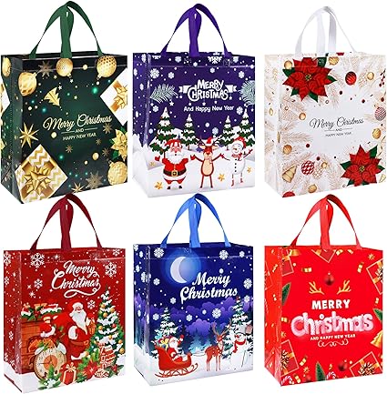 Large Christmas Tote Bags with Handle, 6 Pack Reusable Xmas Grocery Carrier Gift Bags,Waterproof Shopping for Christmas Presents Party Holiday Decoration Lovely Design