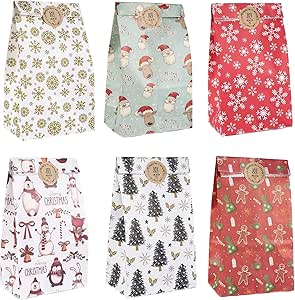 24pcs Christmas Paper Gift Bags Multipack, Christmas Bags Small Gift Bags with Sealing Stickers, Christmas Sweets Bags Party Bags Candy Treats Presents Bags, Christmas Advent Bags for Kids, 6 Patterns