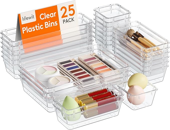 Lifewit 25pcs Drawer Organiser Set, Clear Makeup Trays Plastic, Desk Drawer Dividers Dresser Storage Bins Separation Box for Bathroom, Office, Cosmetic, Jewelries and Gadgets, Bedroom