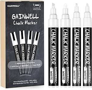 GAINWELL White Liquid Chalk Markers 3mm and 6mm Nibs - Use on Chalkboard, Whiteboard, Glass - 4 Pack - Water Based Wet Wipe Erasable Pen