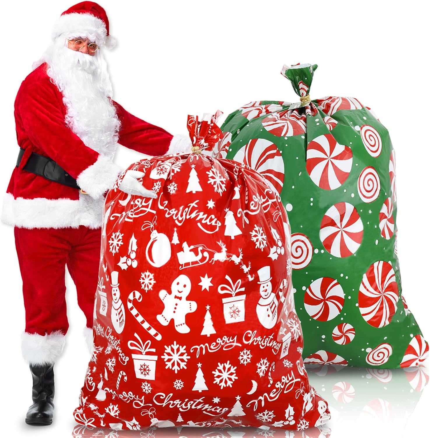 Whaline 2Pcs Christmas Giant Gift Bags 36 x 44" Xmas Huge Plastic Present Bag Jumbo Red Green Snowman Peppermint Storage Bag with 2Pcs Tags & Strings Ties Oversized Toy Wrapping Sack for Party Favors