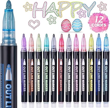 Easter Gifts for Kids, 12 Glitter Pens Outline Marker Pens, Arts and Crafts for Kids, Gifts for Teenage Girls, Art Supplies Colouring Pens Outline Pens, Gifts for 4-12 Year Old Girls