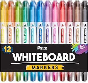 Smart Panda 12 Whiteboard Pens Dual Tip, Thin White Board Markers Erasable, Broad and Fine – Dry Erase Marker Pens, Colour Dry Wipe Markers