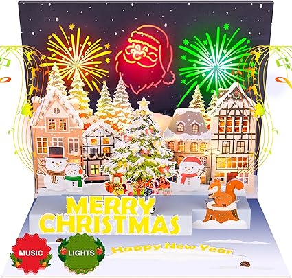 Musical Christmas Card w Lights, Play Wish You A Merry Christmas Music Xmas Cards, 3D Greeting Cards w Envelope for Family Members