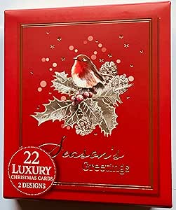 Xmas Cards Season's Greetings Box of Luxury Christmas Cards 22 Cards Two Robin Designs Multipack Brand: BGC STUDIOS